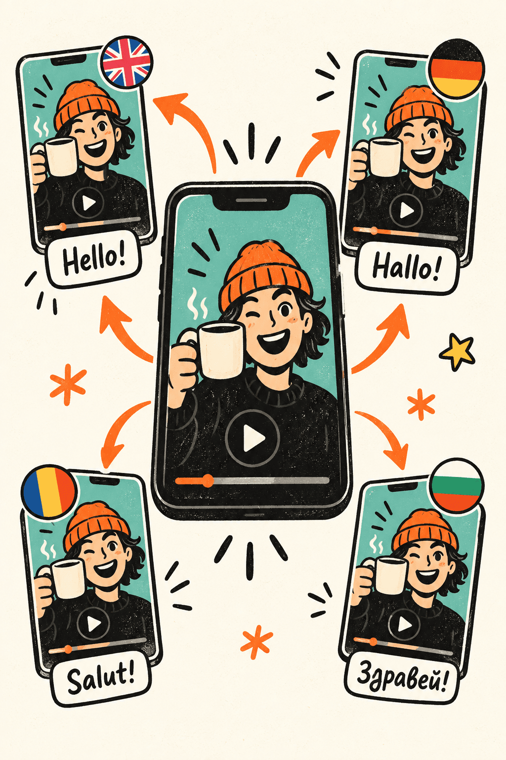 The same creator video shared in the UK, Germany, Romania and Bulgaria, with Hello, Hallo, Salut and Здравей captions.