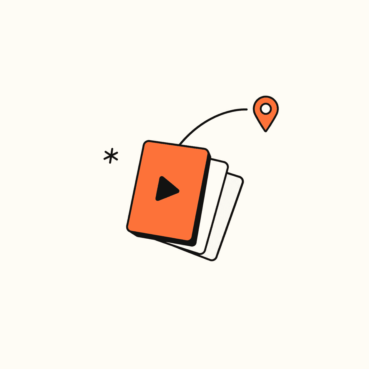 An orange video card connected to a location pin.