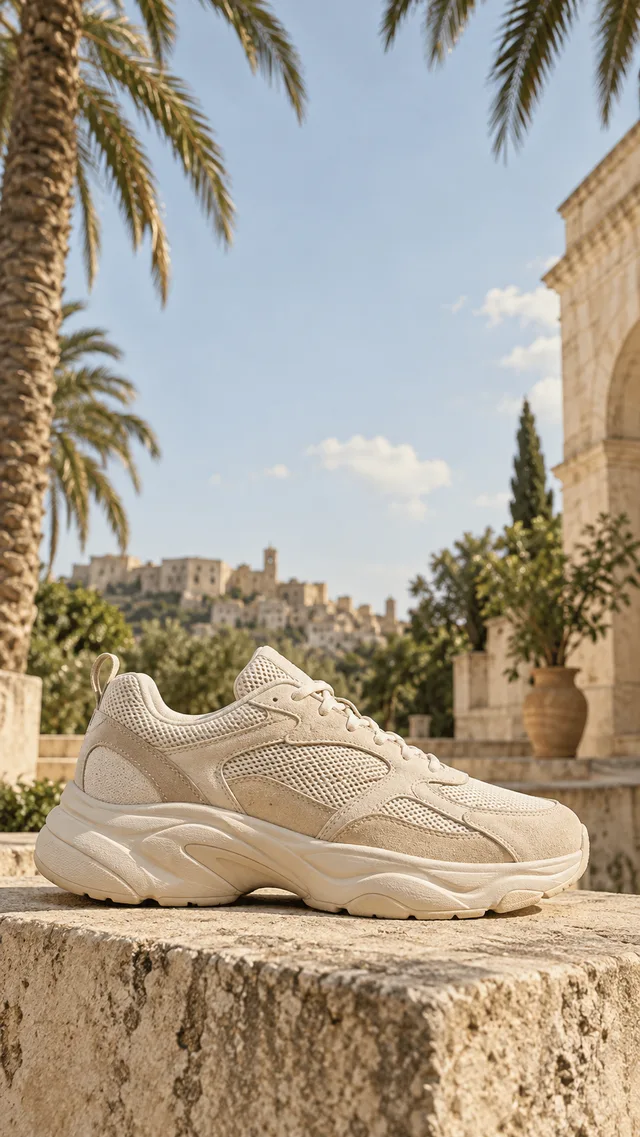 Cream sneaker on a sunny stone terrace